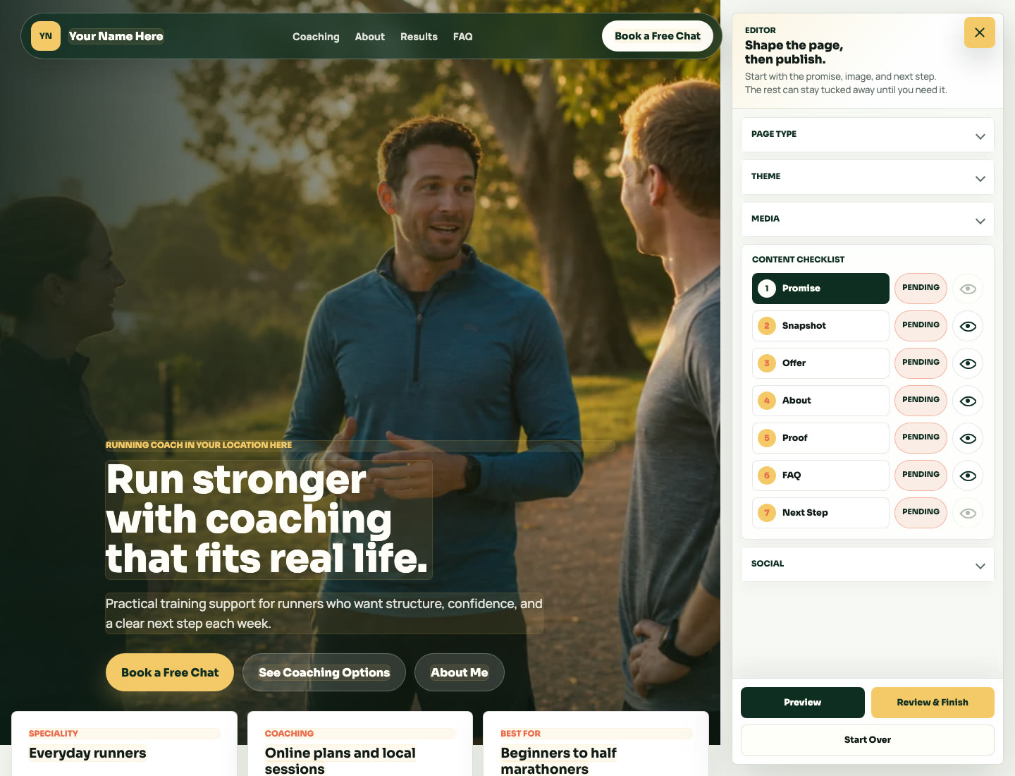 Run Coach Run editor showing a running page beside its guided content checklist.