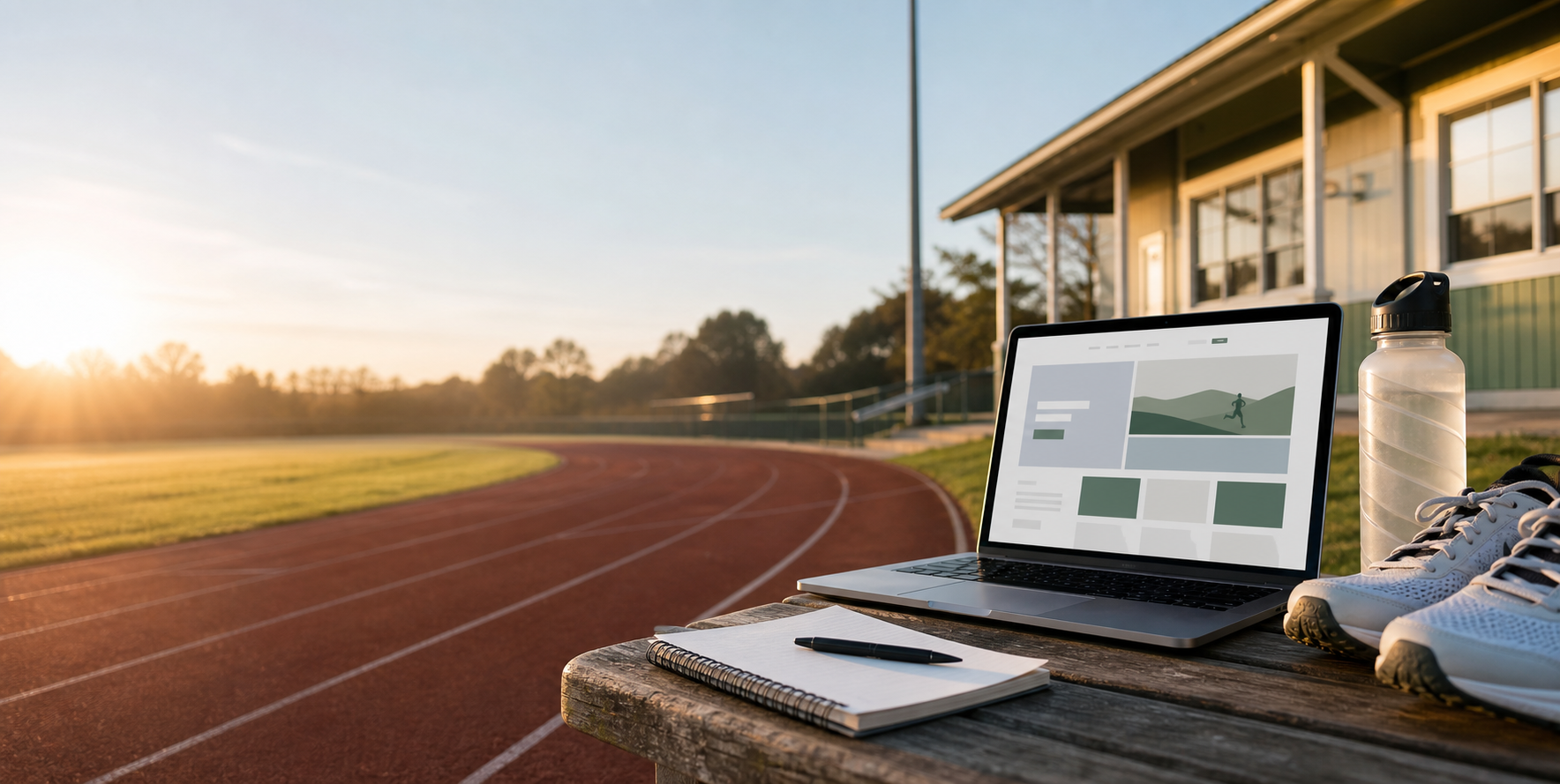 Laptop, running shoes, notebook, and water bottle beside a running track at sunrise.